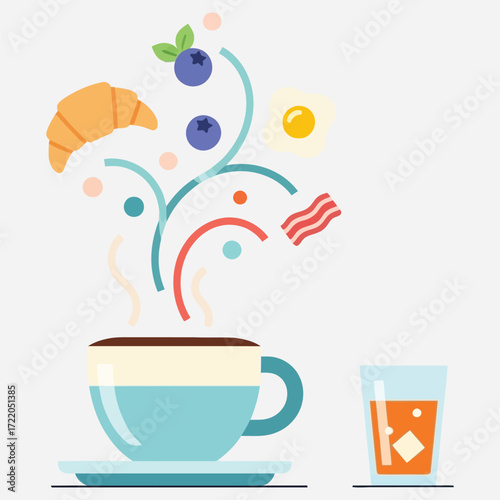 Wholesome and Delicious Breakfast Layout with Hot Coffee, Fresh Orange Juice, Croissant, Fried Egg, Bacon, and Blueberries in a Flat Design Illustration