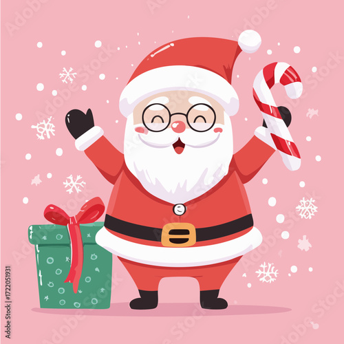 Cute Santa Claus Vector — Jolly Christmas Santa with Candy Canes, Presents, and Festive Holiday Cheer