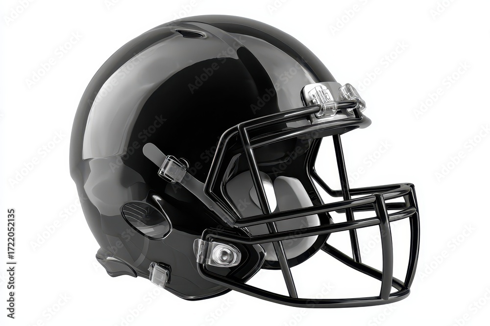 Fototapeta premium Black football helmet with shiny finish resting on white background showcasing modern design and craftsmanship