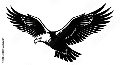 Illustration of a soaring bald eagle with outstretched wings in black and white design style art