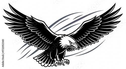 Illustration of a bald eagle with spread wings in black and white with gray lines in the background