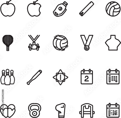 Assortment of sport and fitness related icons in a grid including apples, medals, balls, and equipment Keywords: sports, fitness, icons, equipment, balls, apples, medals, whistle, calendar