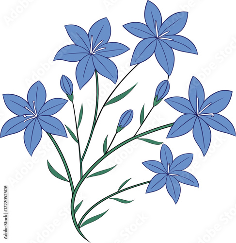 Vector art of a delicate illustration of a cluster of blue bellflowers with buds and green leaves, isolated on a