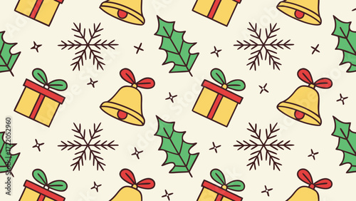 Seamless christmas pattern with snowflakes gifts and holly jolly bells for festive holiday designs