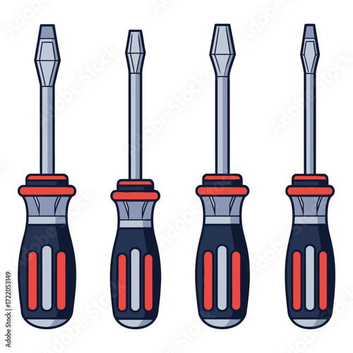 Set of four different screwdrivers with red blue and gray handles and metal tips