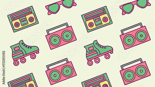 Retro 80s pattern of cassette tapes boomboxes and roller skates for nostalgic design