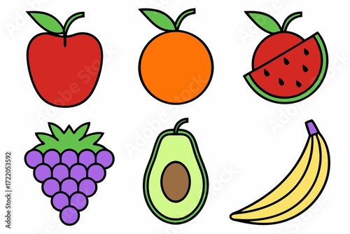 Colorful and Playful Assortment of Cartoon Fruits Featuring an Apple, Orange, Watermelon, Grapes, Avocado, and Banana