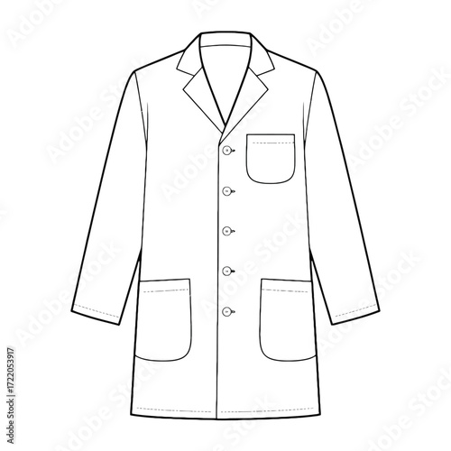 Black and white line drawing of a white lab coat with buttons and pockets white coat medical uniform