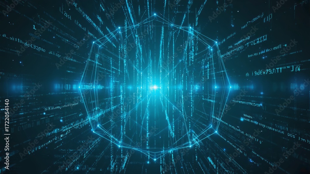 Obraz premium Abstract digital background featuring a glowing blue hexagon shape surrounded by dynamic streaming data lines in cyberspace, high-tech networks, blockchain security, and advanced information transfer.