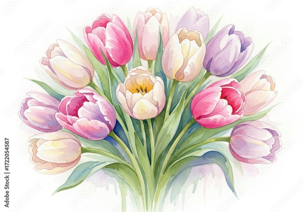 Naklejka premium A beautiful watercolor painting of a bouquet of tulips in various shades of pink, purple, and white, with green leaves