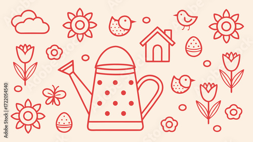 Whimsical garden sketchbook elements watering can flowers birds butterflies easter eggs and clouds