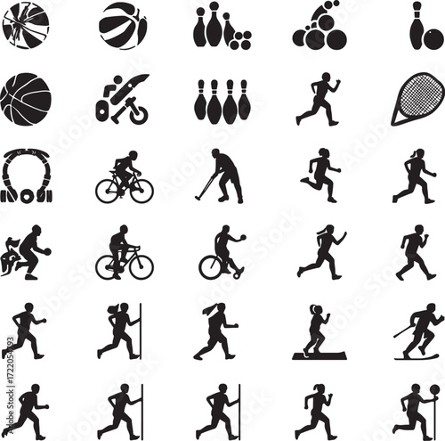 Diverse Sports Icons with Athletes Engaged in Activities and Equipment Silhouettes running