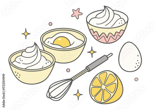 Whimsical Baking Illustration with Eggs Lemon and Creamy Toppings for Culinary Arts and Recipe Websites