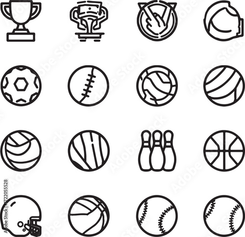 Grid of sixteen sport icons showcasing trophies, balls, helmets, and bowling pins in outline style Keywords: sports, icons, equipment, balls, trophies, helmets, bowling, soccer, baseball