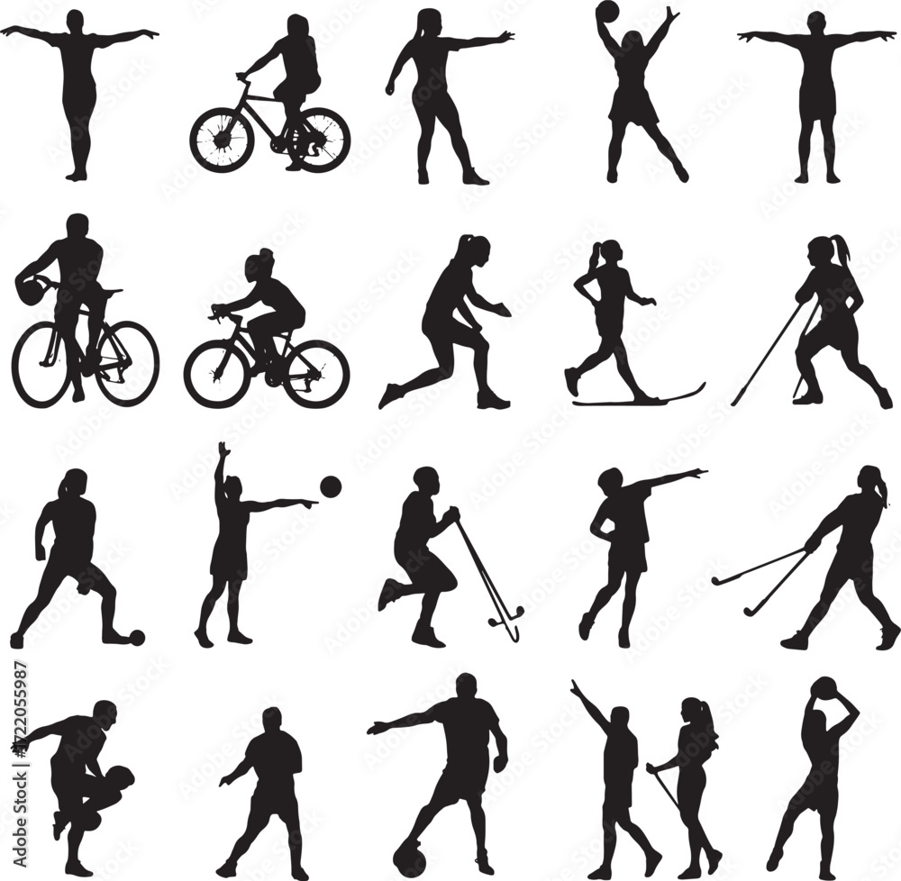 Fototapeta premium Silhouettes of Athletes Engaged in Various Sports and Recreational Activities Keywords: silhouette, athlete, sport, activity, cycling, running, swimming, basketball, soccer, hockey, skiing, tennis