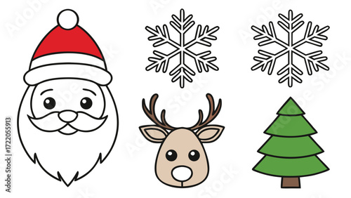 Cute hand-drawn christmas icons set featuring santa claus reindeer snowflake and tree for festive design
