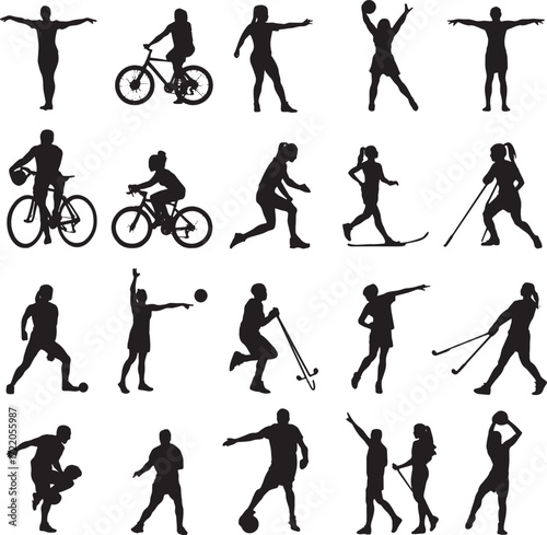 Silhouettes of Athletes Engaged in Various Sports and Recreational Activities Keywords: silhouette, athlete, sport, activity, cycling, running, swimming, basketball, soccer, hockey, skiing, tennis