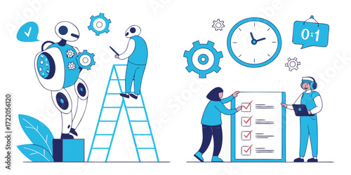 Automation and teamwork working together for enhanced productivity and efficiency in achieving goals and objectives illustration concept