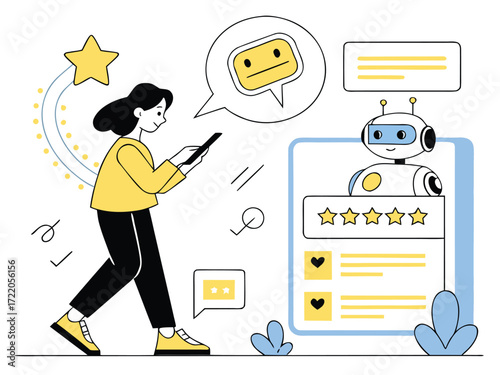 Woman Using Smartphone Interacting with Chatbot and Providing Feedback Showing Positive Experience with Artificial Intelligence Services and Customer Support