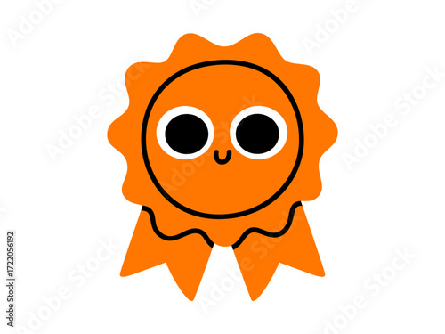 Hand drawn cute character illustration of award ribbon with eyes and smile. Flat vector competition or contest winner mascot doodle. Education or study sticker, icon. Quality guarantee. Isolated.