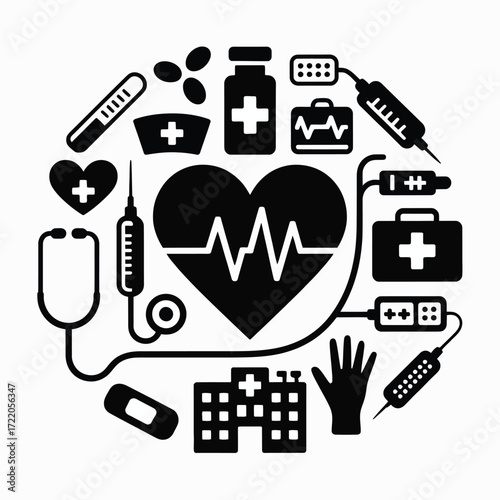 Minimal Healthcare Icons  Heartbeat, Stethoscope, Syringe, Gloves, Hospital, Medicine for Digital Health UI, Infographic, and Clinical Branding