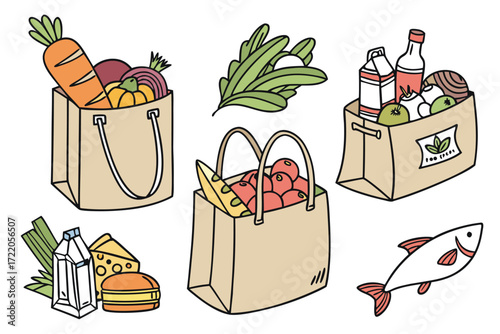 Healthy Grocery Shopping with Fresh Organic Food in Paper Bags Illustration Perfect for Sustainable Living and Nutrition Awareness