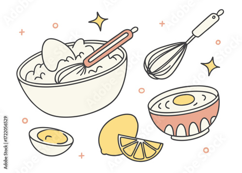 Baking Ingredients and Utensils in a Cute Doodle Style Illustration for Culinary Arts and Food Preparation