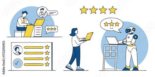 Customer Reviews and Satisfaction Analysis Depicted with Cartoon Characters and Star Ratings for Ecommerce and Online Services