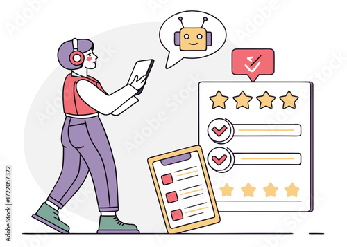 Woman with Tablet Receives Positive AI Feedback on Checklist Showing Excellent Results and High Satisfaction Score