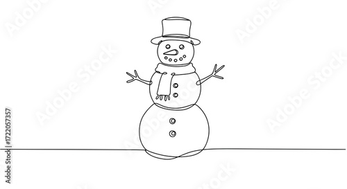 Outline drawing of snowman in winter with hat and scarf in minimalist style with copy space