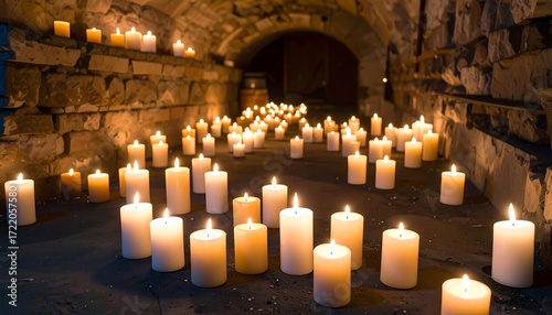 Many lit candles in a stone tunnel