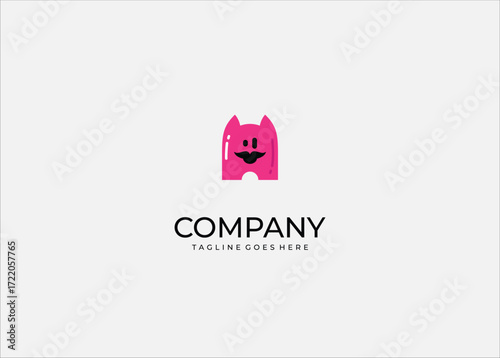 Pink cartoon character with black mustache cute mascot funny design playful creature charming illustration abstract face colorful quirky style symbol.