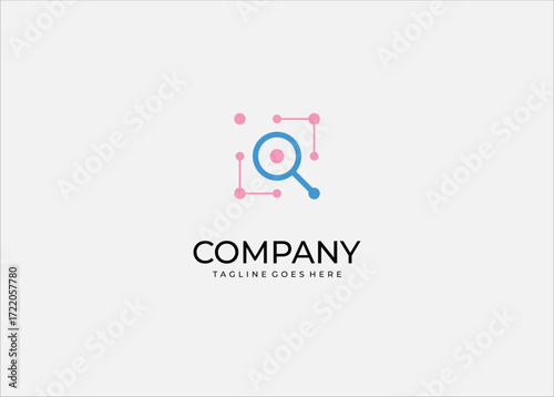 Magnifying glass with connected pink nodes representing search analysis network research discovery connection exploration investigation technology pattern system insight.