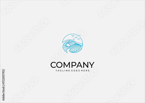 Ocean wave abstract line art illustration with flying birds inside circular frame coastal nature symbol design for travel surfing freedom.