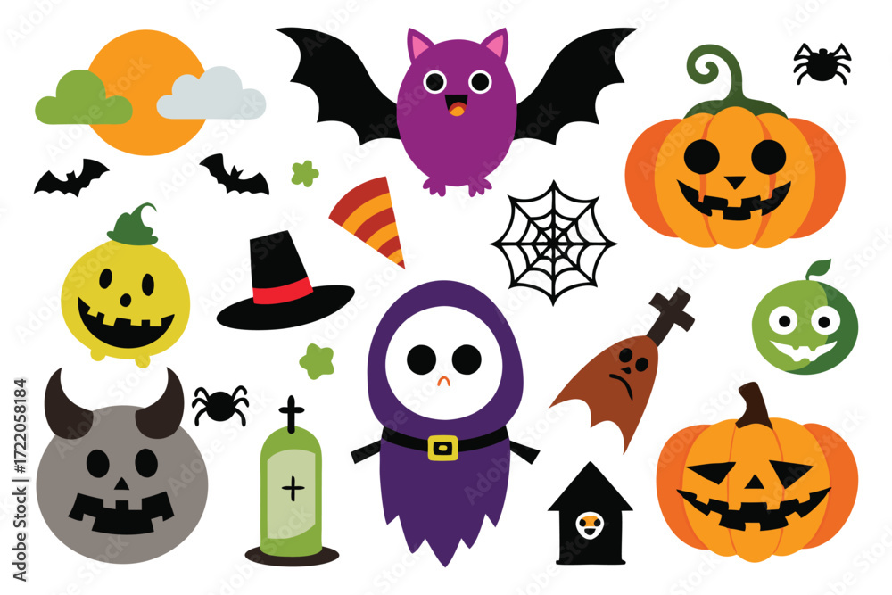 Fototapeta premium Spooky Halloween Sticker Pack with Pumpkin, Ghost and Lantern