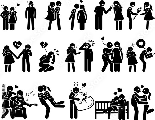 Stick figures illustrating various romantic relationships, emotions, and interactions between couples, depicting love, arguments, and family.