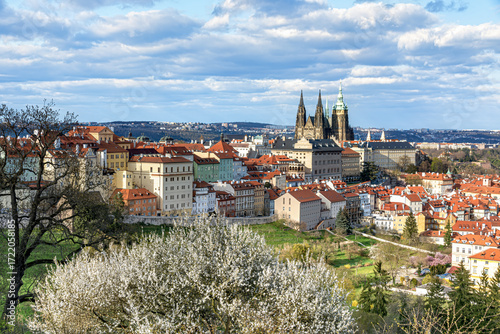 View of Prague Castle with flowering trees in spring. Historic landmark of Prague, Czech Republic, framed by blossoms under a dramatic cloudy sky.