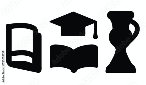 Education Icons Set – Book, Graduation Cap, Trophy Vector Symbols for Learning, Achievement, Knowledge, School, University, Success