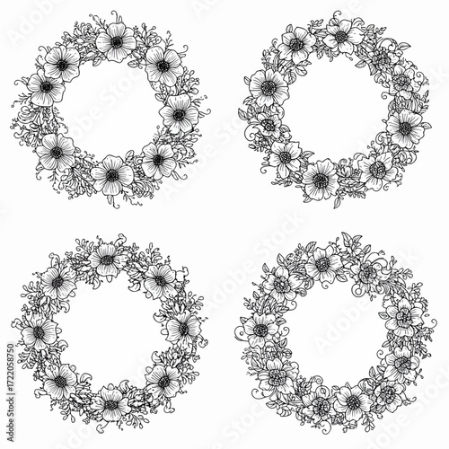 Elegant floral wreath designs for invitations and branding, handcrafted flower circles for timeless botanical style, originally vector for versatile design use