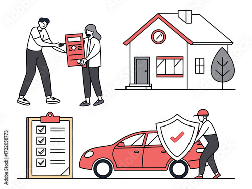 Comprehensive Insurance Coverage for Home Car and Life with Protection Shield and Checklist Illustration Services and Policy Agreement