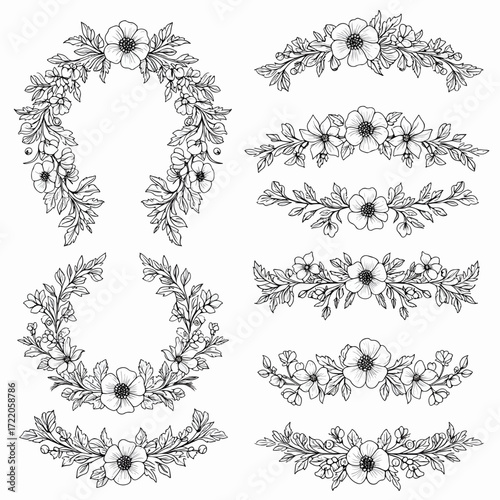 Elegant floral wreaths and botanical design elements for wedding invitations and cards, originally a scalable vector graphic, now in PNG format