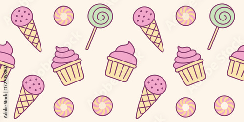 Seamless pattern sweet treats ice cream cones cupcakes lollipops candy delicious dessert
