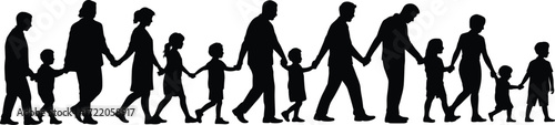Black silhouette people walking in line, generational connection, life stages, family unity, age progression, minimal design, white background vector illustration