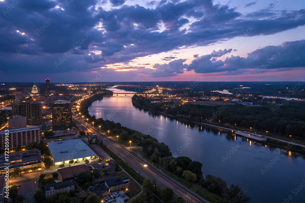 Fototapeta premium Opole, aerial view of Old Town and Oder river. Poland, spring day. Drone shot on sunset time.