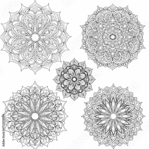 Intricate mandala collection art for coloring books, relaxation, and creative design projects, perfect for mindful crafting and unique patterns, originally vector