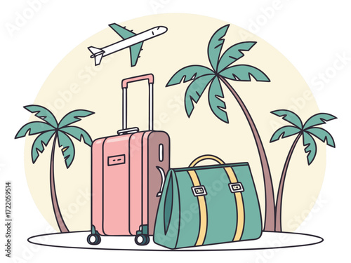 Tropical vacation concept with suitcases airplane and palm trees showcasing summer travel destinations and leisure activities