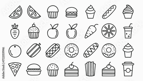 Collection of 30-40 hand drawn doodles featuring popular foods and drinks isolated on white