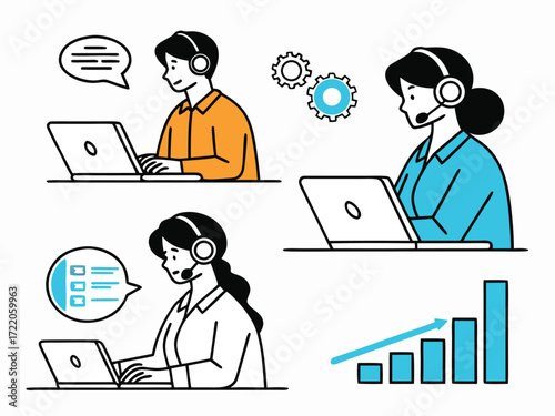 Customer service representatives providing support using laptops and headsets in a call center environment showing business growth