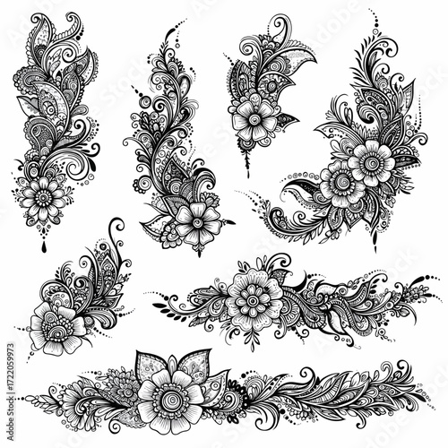 Elegant floral henna designs for invitation cards and decorative art, intricate patterns, bohemian style, artistic accents, stunning details for print