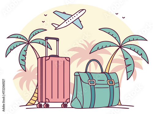 Tropical vacation with luggage plane and palm trees travel destination illustration for holiday concept design